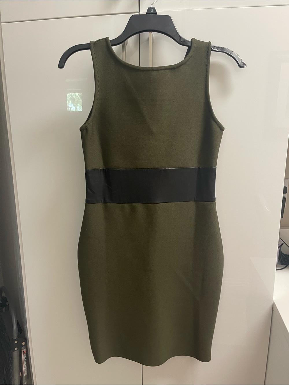 Sleek Olive Green Mini Dress with Black Waistband